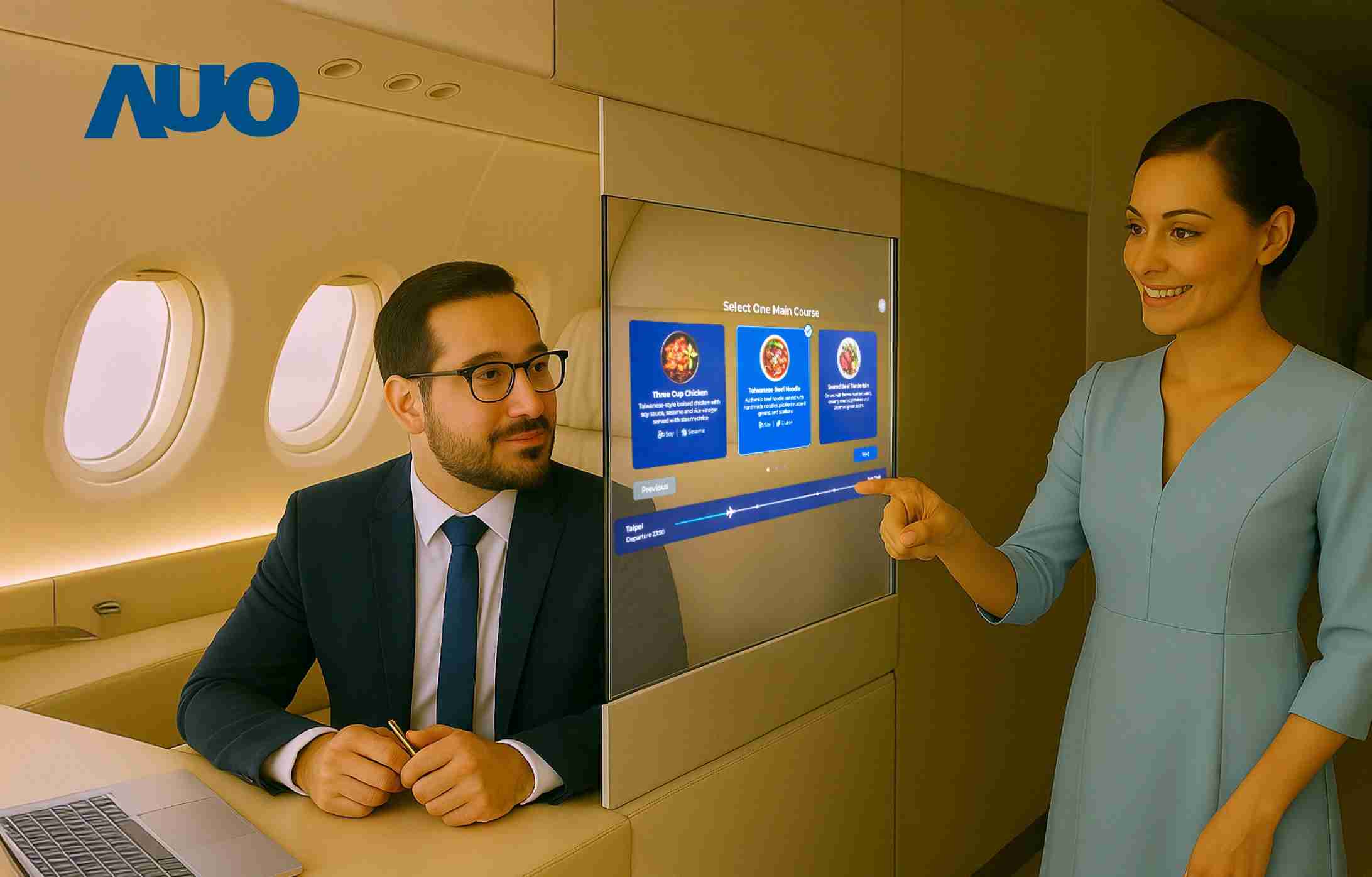 918.COM研发全球最薄17.3 吋双面透明 Micro LED 显示器，，，，可在同一屏幕之双边投射不同信息，，，，创造独特的”透明化”互动；图为实时翻译交流应用情境