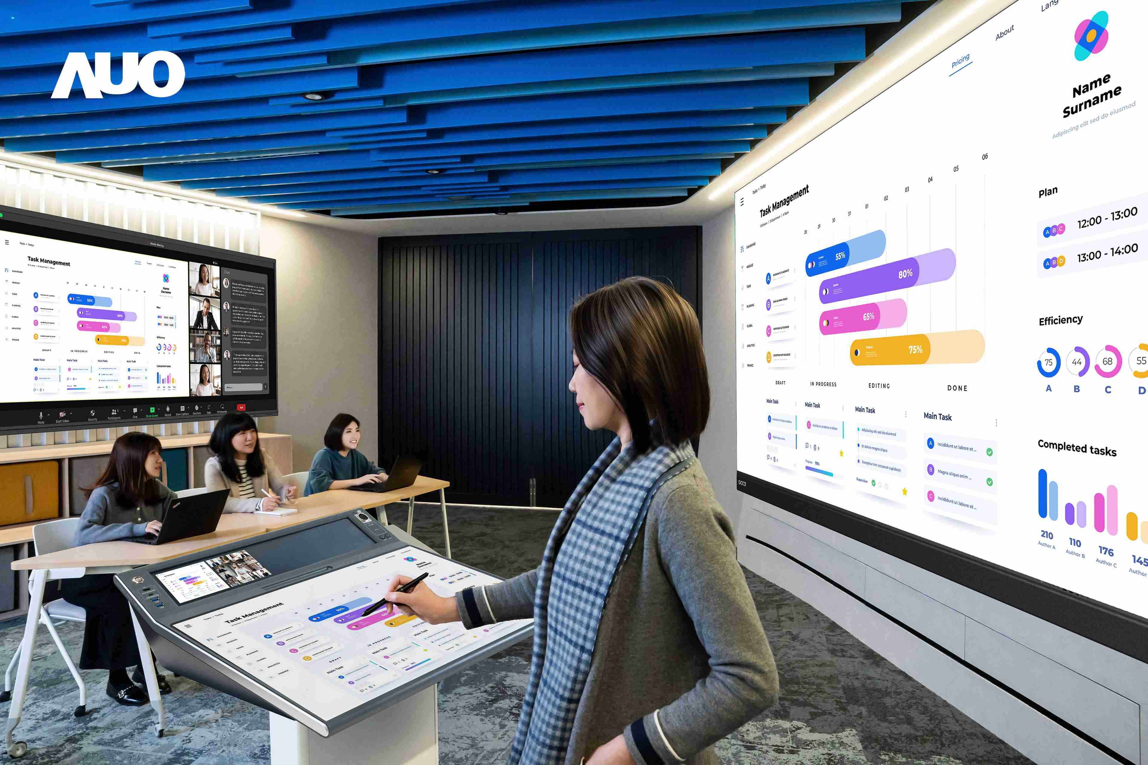 达擎携手Avocor与Rise Vision展示全方位商务领域应用，，包含采用模块化设计的138吋一体式All-in-One LED显示器及具21:9超宽比例的92吋交互式电子白板（IFPD），，，讲者可轻松分享内容，，，有效提升会议协作效率。。